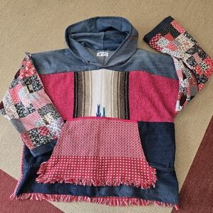 Upcycled Denim Quilt Blanket Patch Hoodie XL-1X Handmade Dont Throw It Out